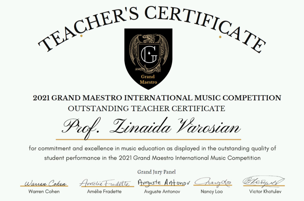 2021 Grand Maestro International Music Competition Outstanding Teacher Certificate
